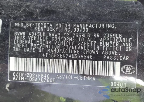 2010 Toyota Camry Le from USA, damaged, VIN 4T1BF3EK7AU539546